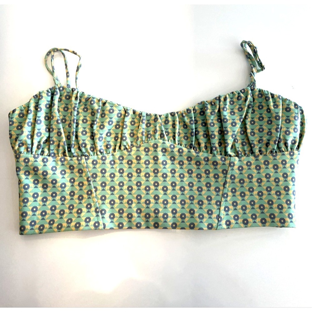 Zara X-Large Pistachio Green-Yellow-Blue Pastel Retro Print Corset Bra Crop Top